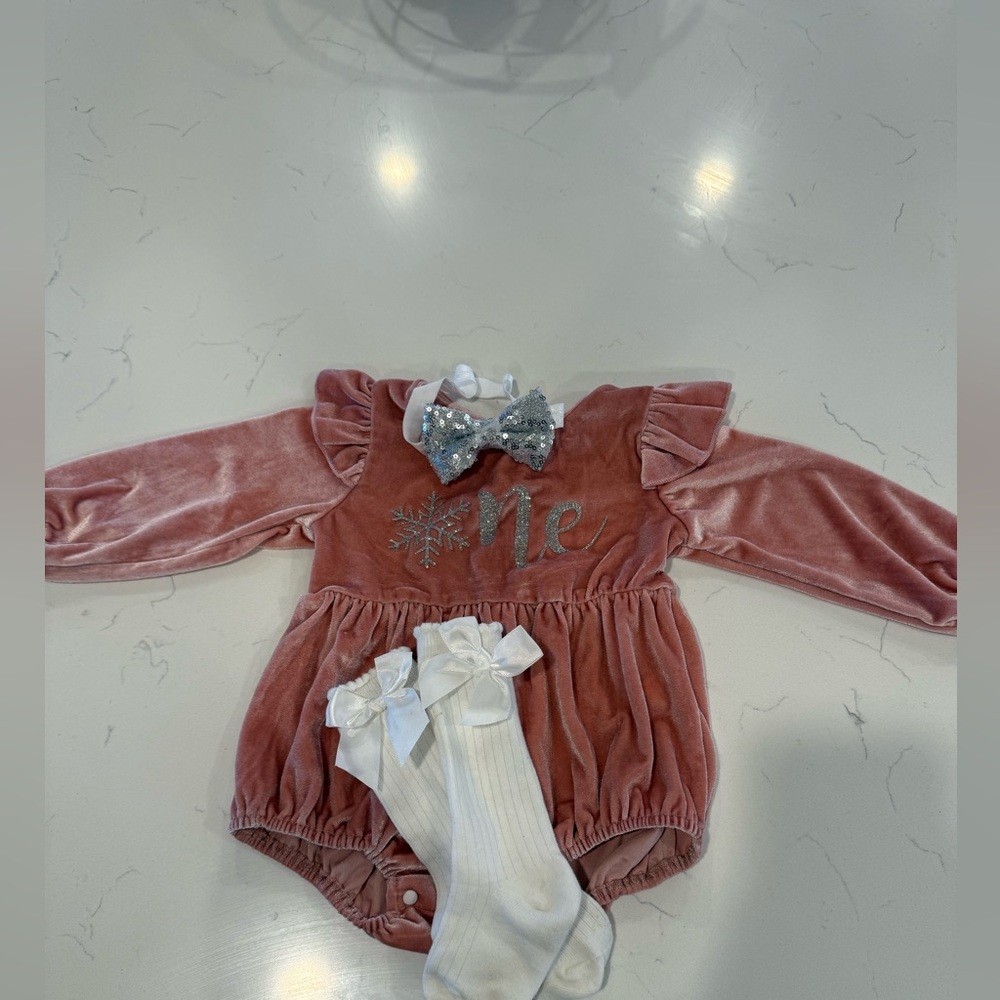 Pink Velvet Baby Romper with Bow and Socks